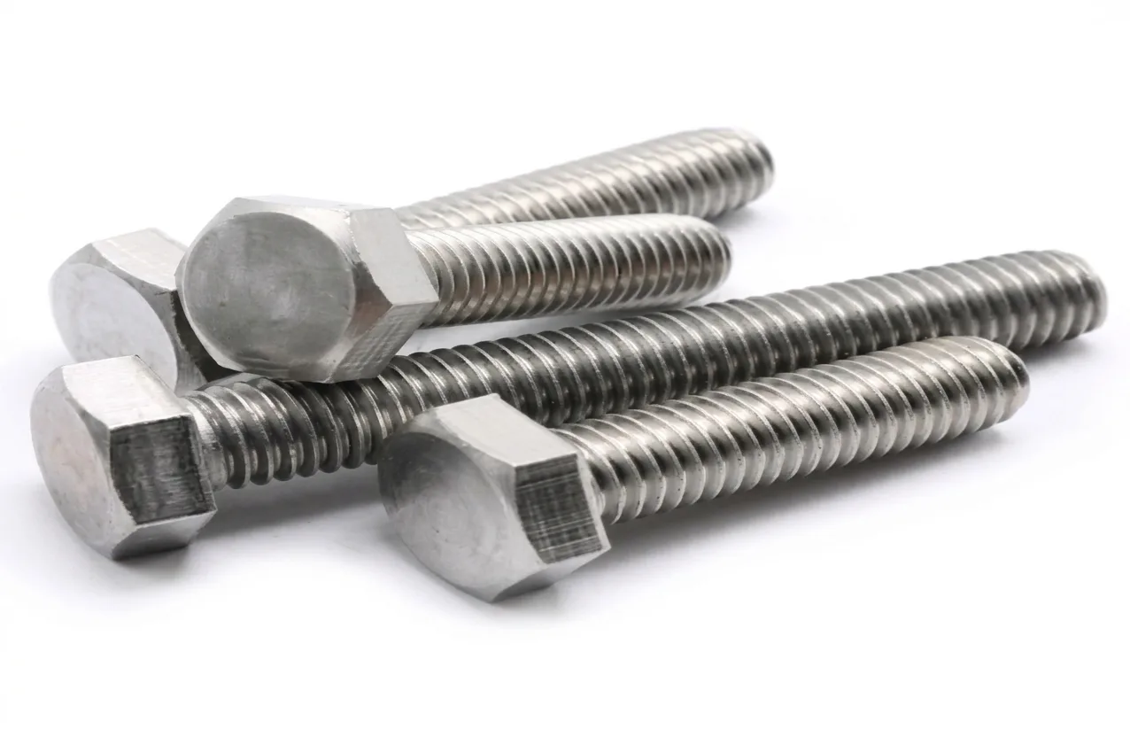Aurum Overseas, a leading supplier and exporter, showcases high-quality Duplex Stainless Steel S31803 hex bolts on a pure white background.