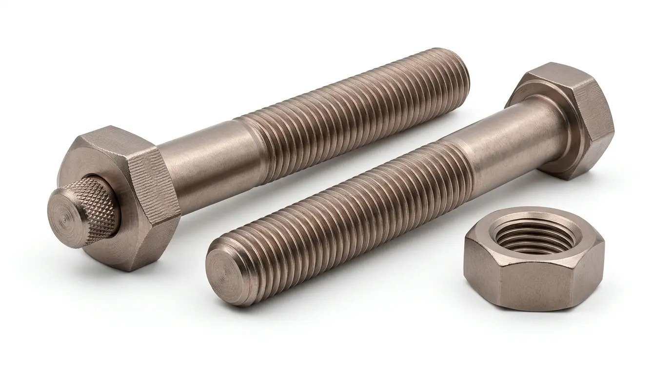 A high-quality landscape photo showcasing specialized Monel 400 bolts, studs, and a nut with unique textured heads, supplied and exported by Aurum Overseas on a pure white background.