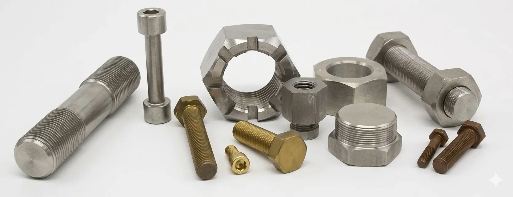 A variety of high-quality industrial fasteners including Super Duplex S32750 bolts, nuts, and studs in both steel and brass finishes, supplied and exported by Aurum Overseas.