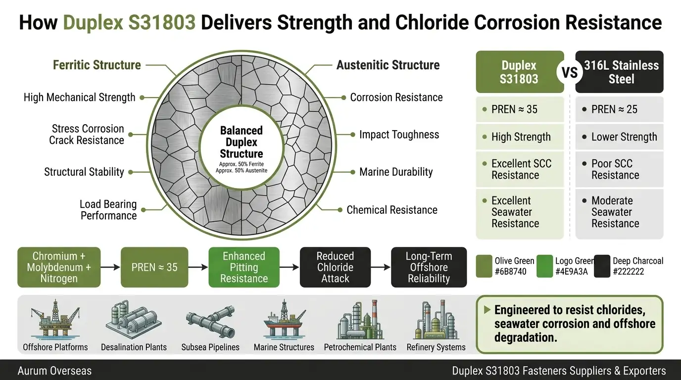 Engineering diagram showing duplex S31803 ferritic austenitic microstructure and resistance to seawater chloride corrosion and stress corrosion cracking
