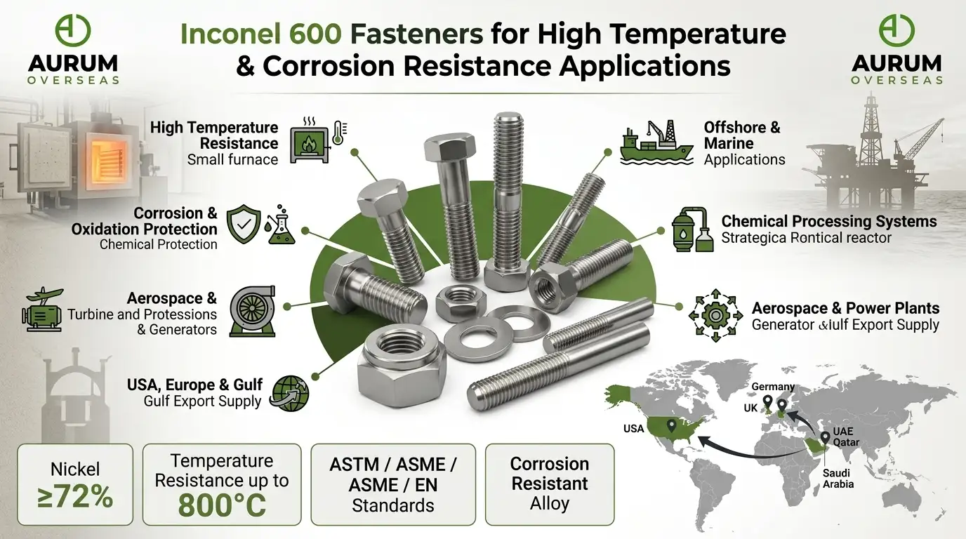 Inconel 600 fasteners suppliers and exporters for high temperature corrosion resistant industrial applications by Aurum Overseas
