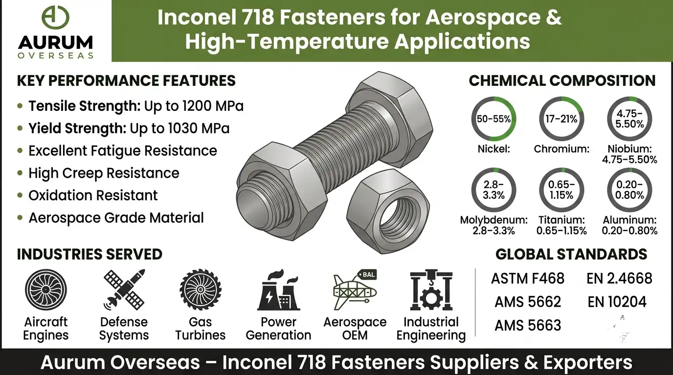 Inconel 718 fasteners infographic showing aerospace strength, fatigue resistance, high-temperature performance, certifications, and industrial applications by Aurum Overseas.