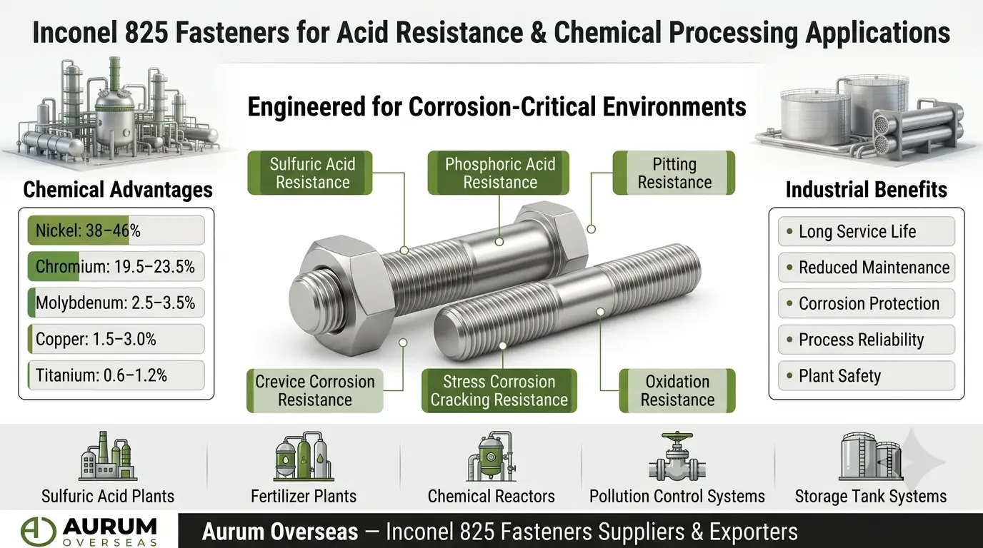 Inconel 825 Fasteners for sulfuric acid resistance chemical processing plants and corrosion resistant industrial applications supplied by Aurum Overseas
