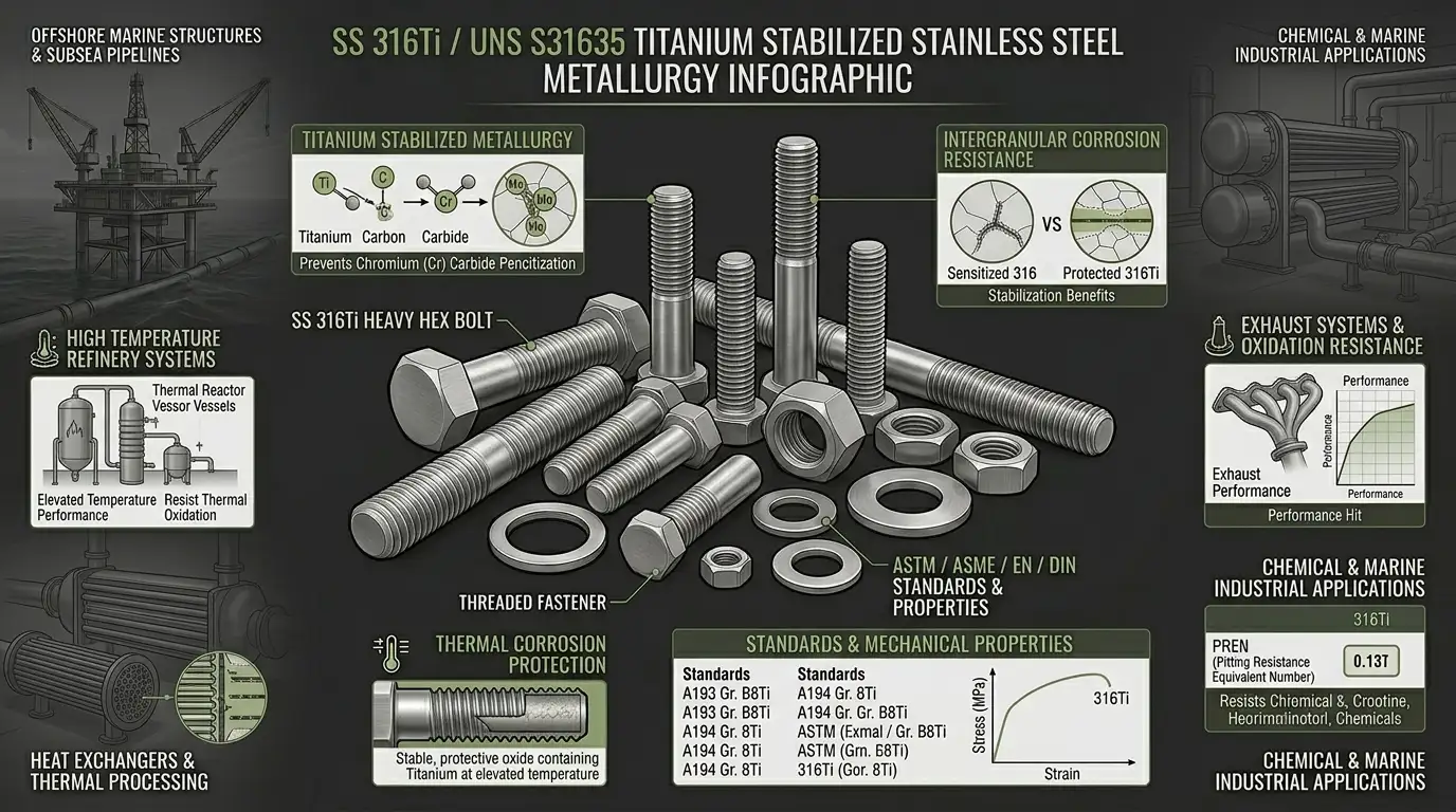  Aurum Overseas SS 316Ti stainless steel fasteners infographic showing titanium stabilized corrosion resistance, high temperature refinery applications, heat exchangers and industrial processing systems