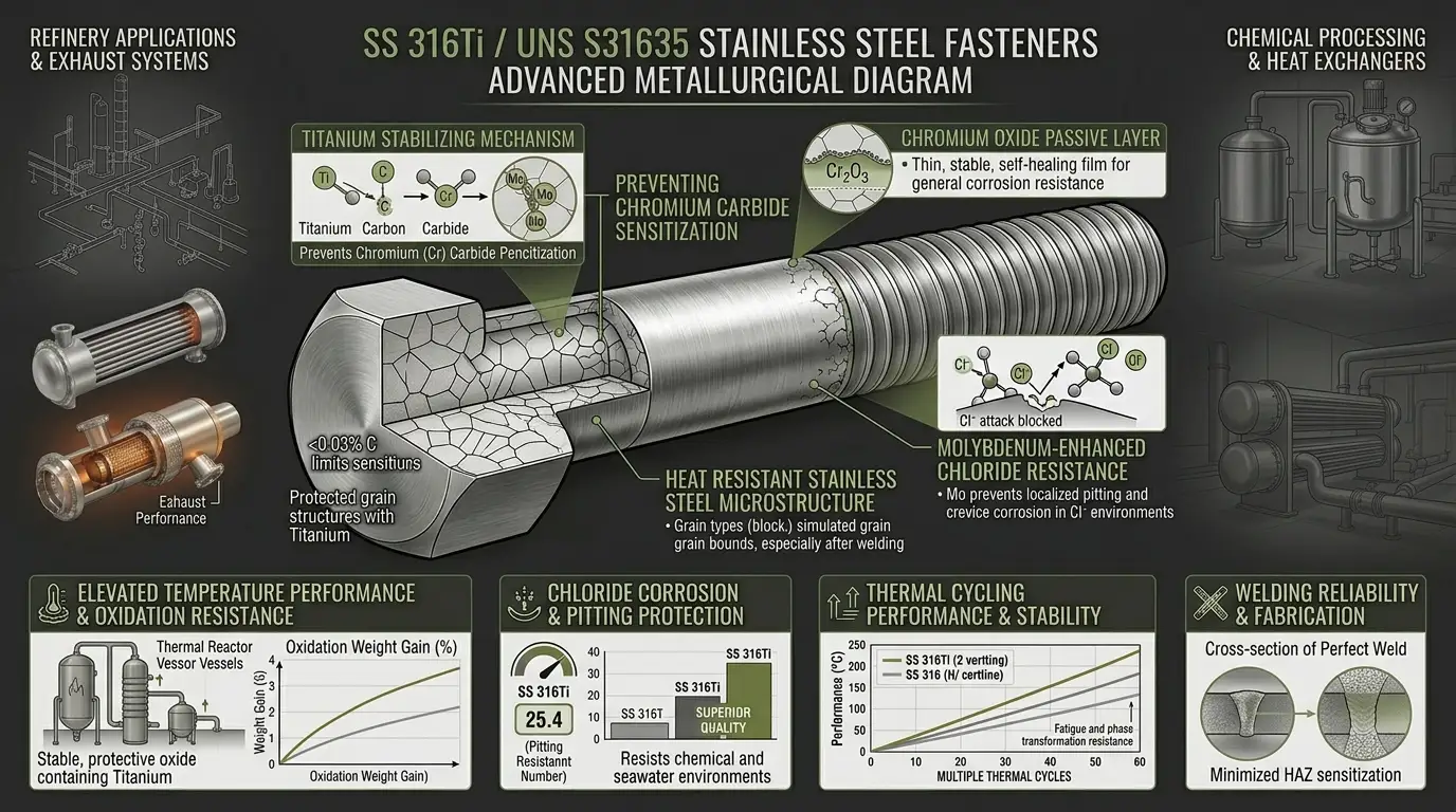  Aurum Overseas SS 316Ti stainless steel fasteners technical diagram showing titanium stabilization, grain boundary protection and high temperature corrosion resistance