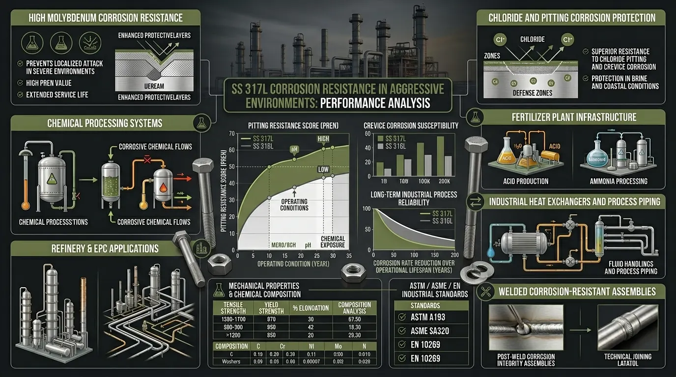 Aurum Overseas SS 317L fasteners performance graph comparing chloride corrosion resistance and pitting protection in chemical processing environments