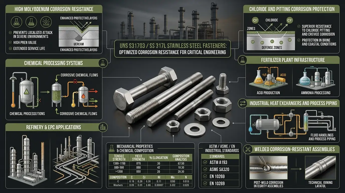 Aurum Overseas SS 317L stainless steel fasteners infographic showing high molybdenum corrosion resistance for chemical processing, refinery and chloride industrial applications