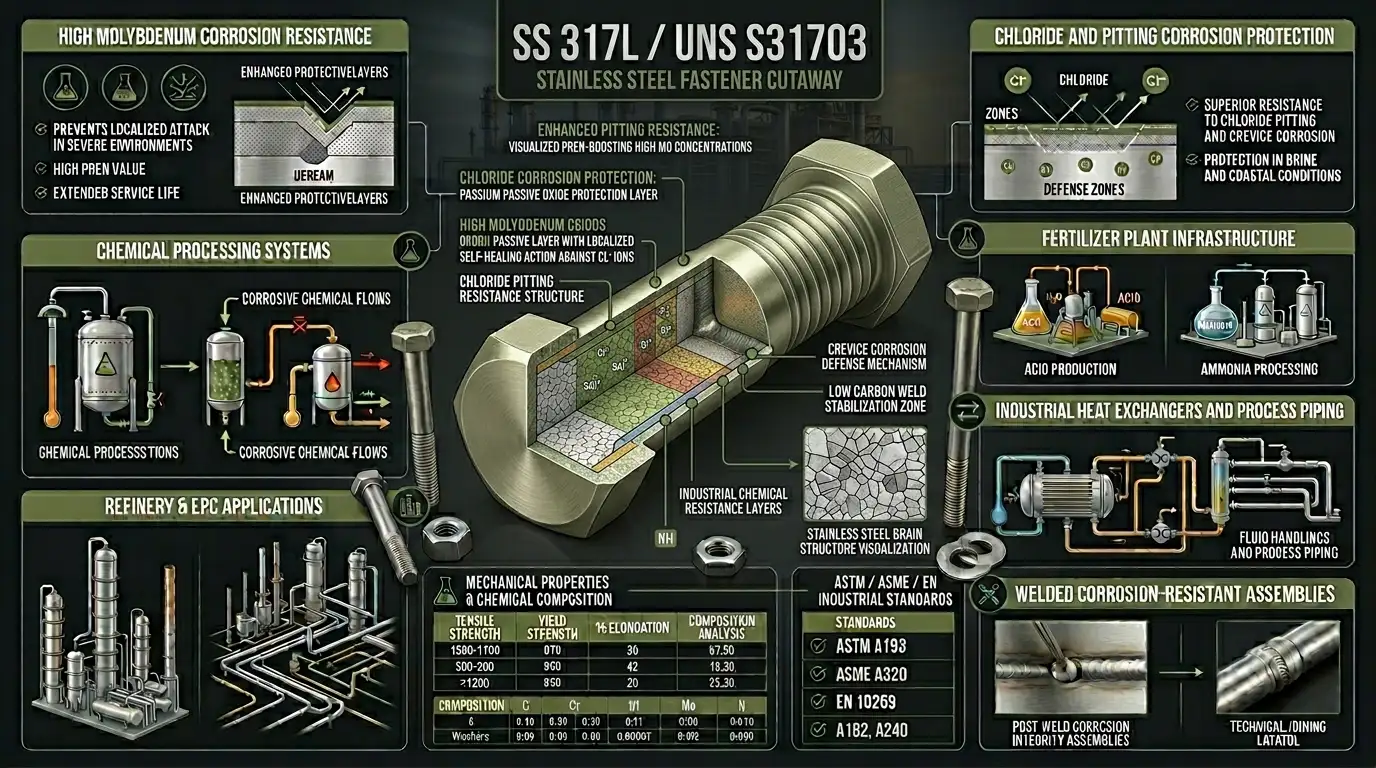 Aurum Overseas SS 317L stainless steel fasteners technical diagram showing molybdenum-enhanced pitting resistance and industrial chemical corrosion protection