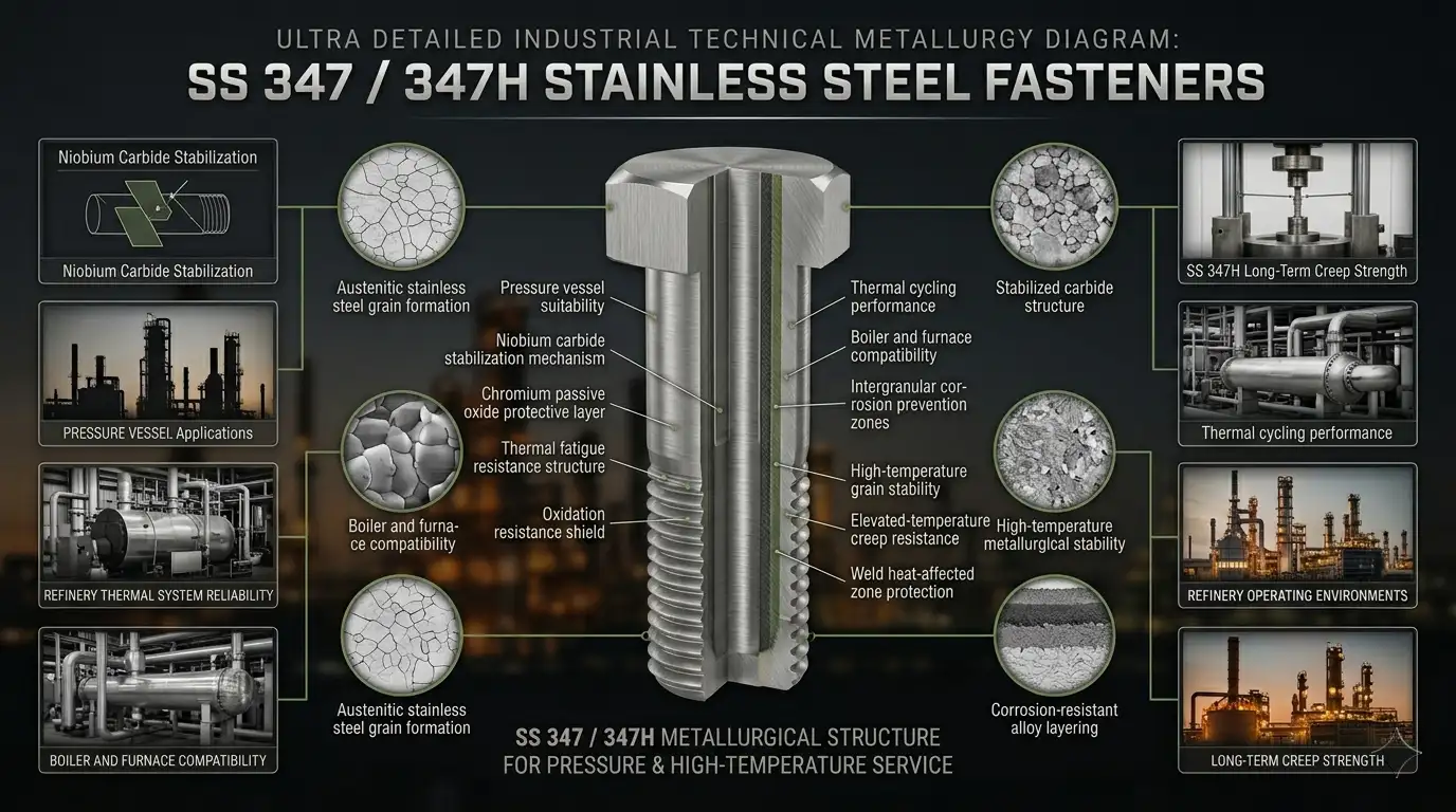 SS 347 and SS 347H stainless steel fasteners technical metallurgy diagram showing niobium stabilization and high temperature corrosion resistance by Aurum Overseas
