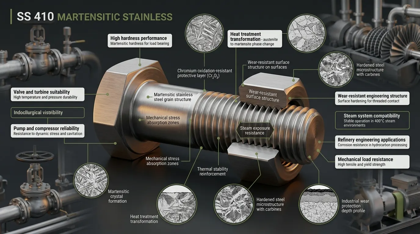 SS 410 stainless steel fasteners technical metallurgy diagram showing martensitic structure hardness and industrial wear resistance by Aurum Overseas