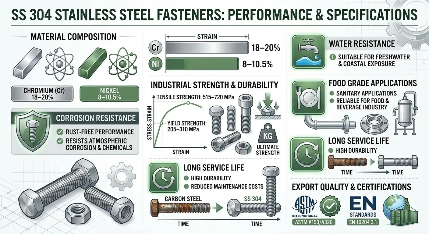 SS 304 Fasteners Suppliers & Exporters infographic showing corrosion resistance, chromium nickel composition, industrial applications and ASTM EN export standards by Aurum Overseas