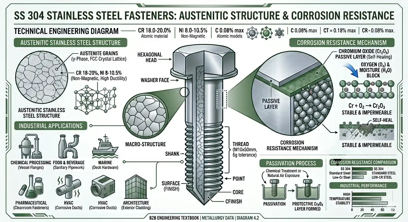 SS 304 Fasteners Suppliers & Exporters metallurgy diagram showing austenitic stainless steel structure, chromium oxide layer and corrosion resistance mechanism by Aurum Overseas