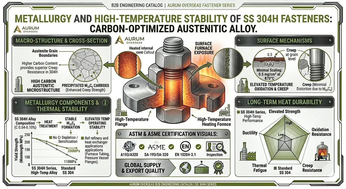 SS 304H Fasteners Suppliers & Exporters metallurgy diagram showing high carbon austenitic structure, oxidation resistance and elevated temperature thermal stability by Aurum Overseas