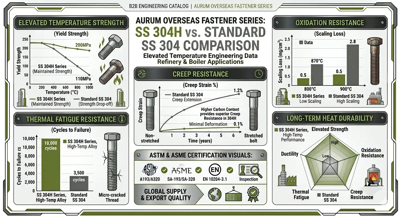 SS 304H Fasteners Suppliers & Exporters graph comparing thermal strength, oxidation resistance and high temperature durability against standard SS 304 fasteners by Aurum Overseas