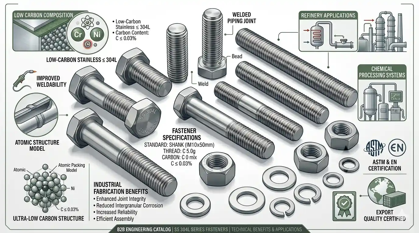 SS 304L Fasteners Suppliers & Exporters infographic showing low carbon composition, weldability, corrosion resistance and refinery process industry applications by Aurum Oversea