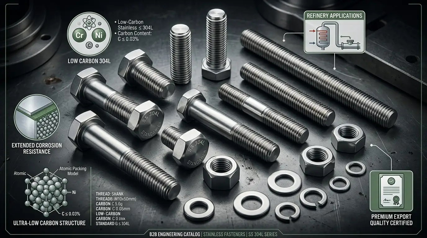 SS 304L Fasteners Suppliers & Exporters by Aurum Overseas for welded process equipment, refinery piping, industrial fabrication and corrosion resistant engineering applications
