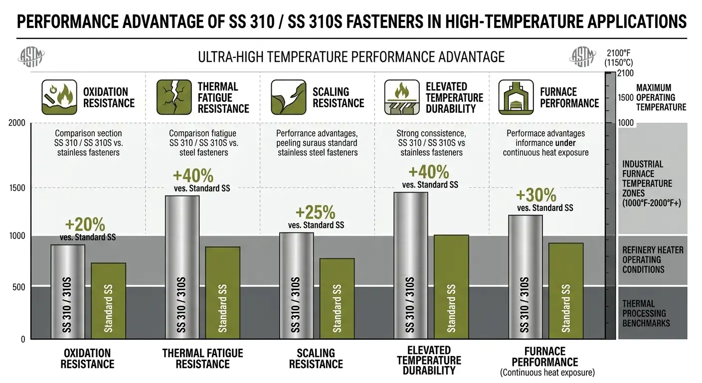 SS 310 / SS 310S Fasteners Suppliers & Exporters graph comparing oxidation resistance, scaling resistance and high temperature durability by Aurum Overseas