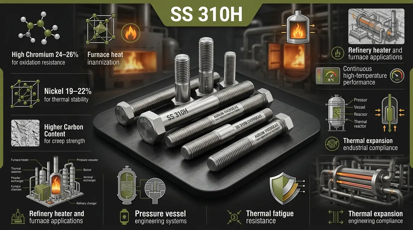 SS 310H Fasteners Suppliers & Exporters infographic showing creep resistance, oxidation resistance and refinery heater applications by Aurum Overseas
