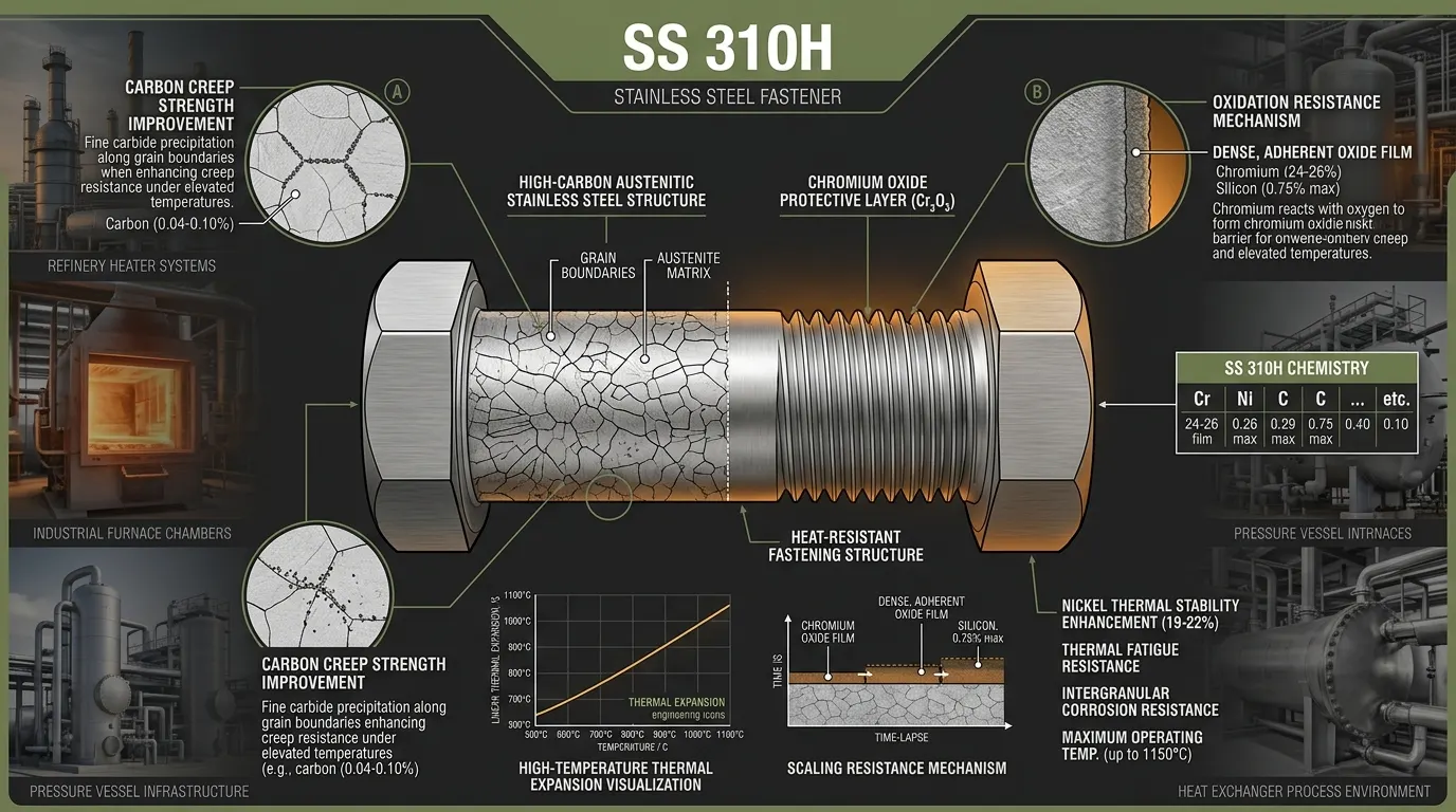 SS 310H Fasteners Suppliers & Exporters metallurgy diagram showing chromium nickel structure, creep resistance and thermal stability by Aurum Overseas