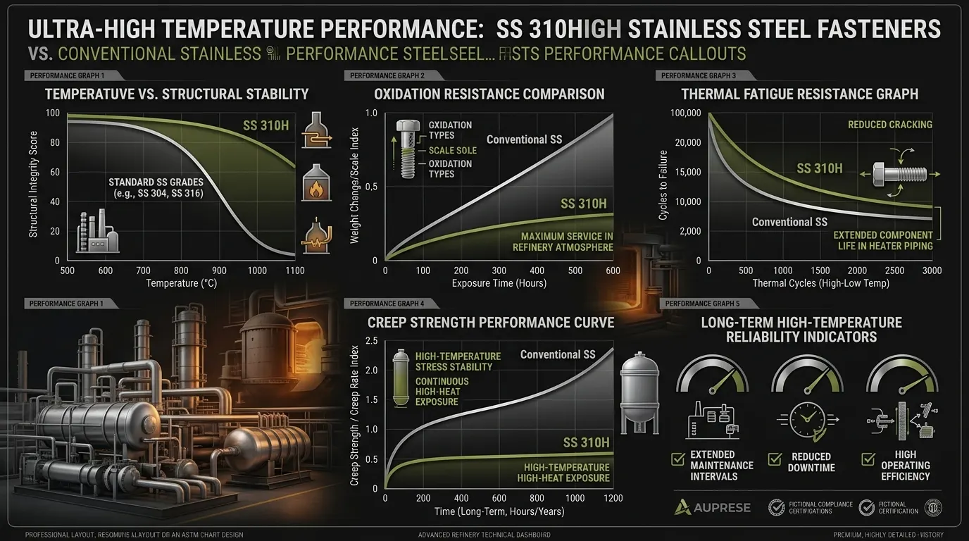 SS 310H Fasteners Suppliers & Exporters graph comparing elevated temperature strength, creep resistance and oxidation resistance by Aurum Overseas