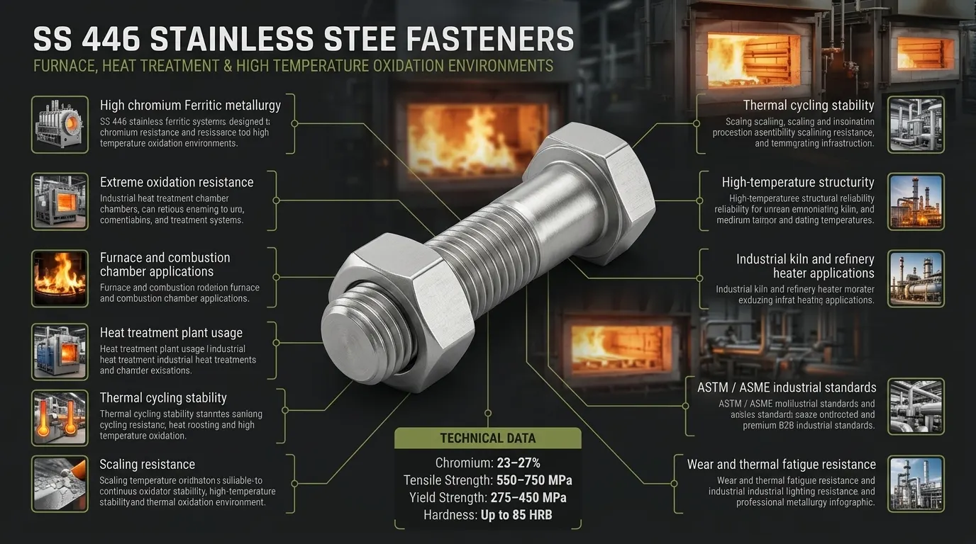 SS 446 stainless steel fasteners infographic showing high temperature oxidation resistance, furnace applications and ferritic metallurgy by Aurum Overseas