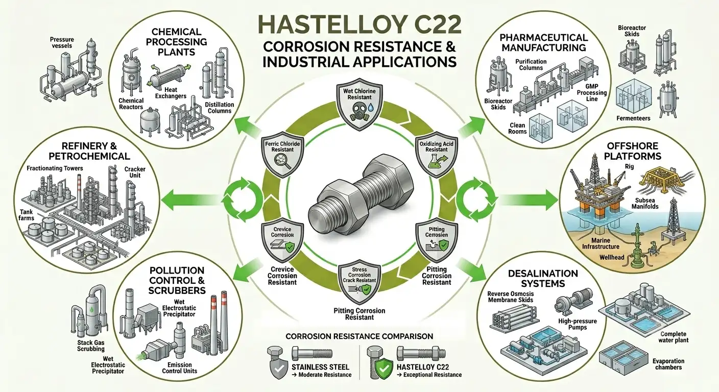 Hastelloy C22 fasteners corrosion resistance diagram for chemical processing, pharmaceutical, offshore, desalination, refinery and pollution control industries