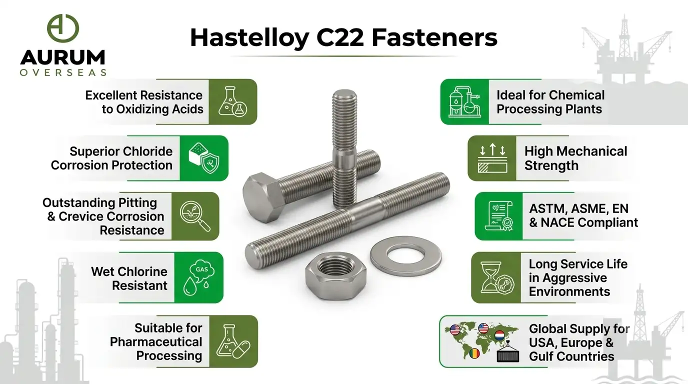 Hastelloy C22 fasteners showing corrosion resistance, wet chlorine protection, pitting resistance, chemical processing and offshore application benefits