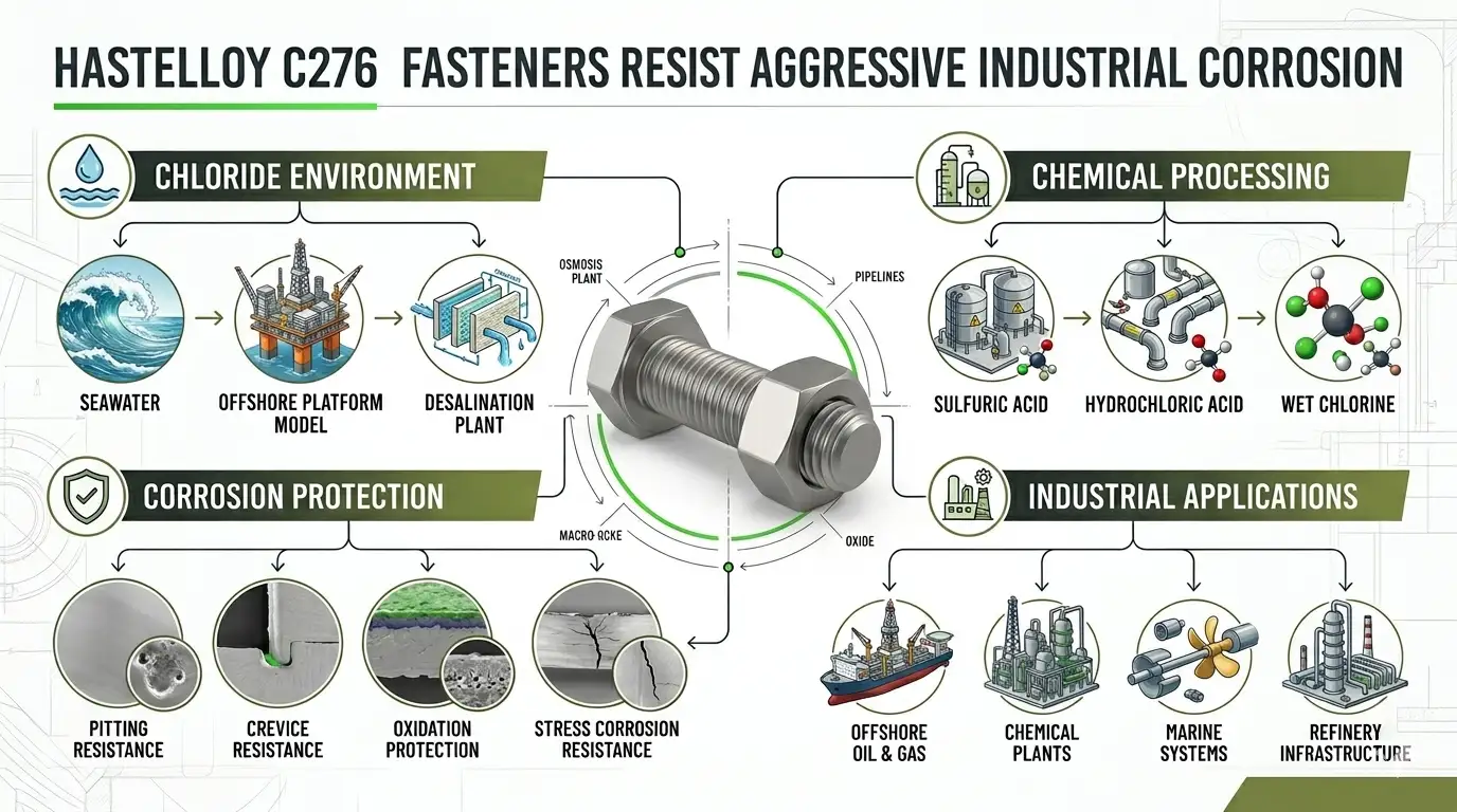 Technical diagram of Hastelloy C276 fasteners showing resistance to pitting corrosion, chloride attack, offshore and chemical processing environments by Aurum Overseas 
