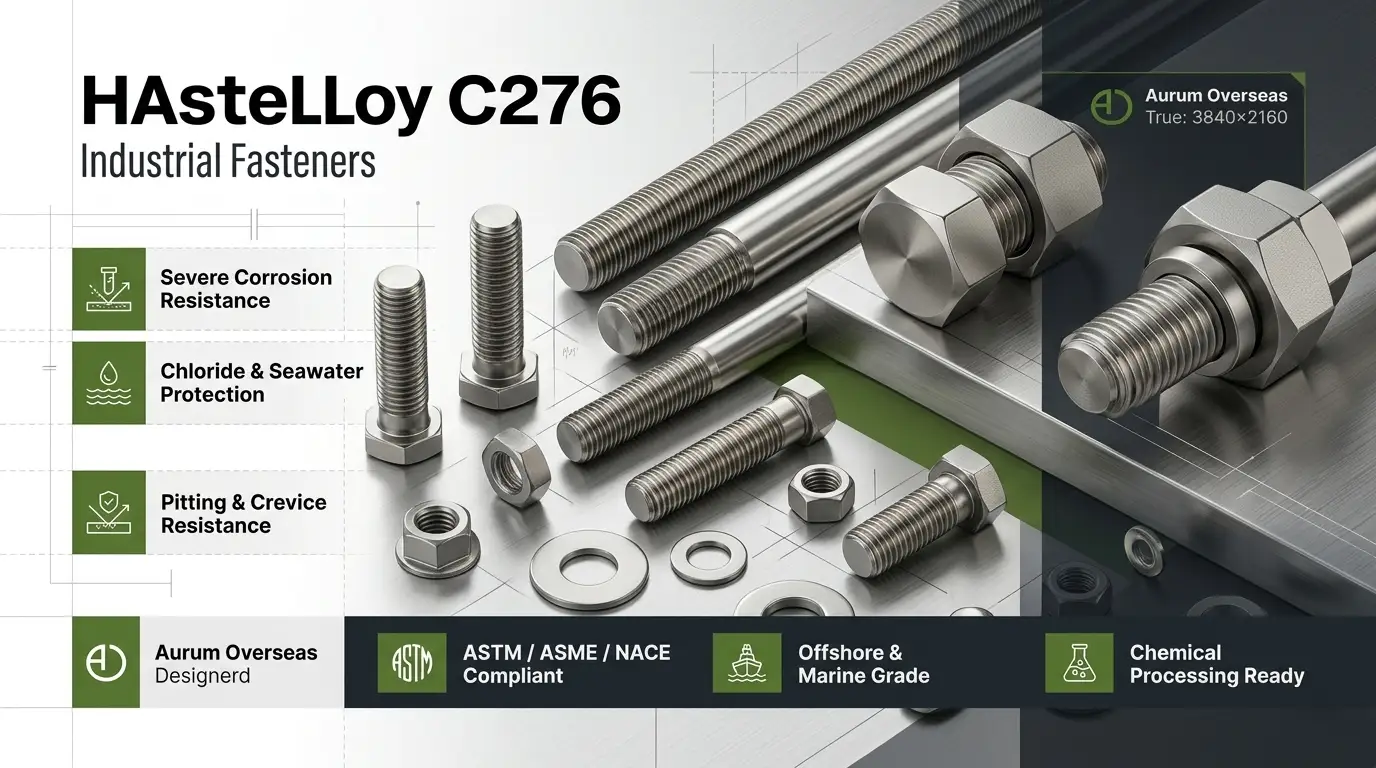 Hastelloy C276 fasteners product features showing corrosion resistance, offshore applications, ASTM compliant nickel alloy bolts and nuts by Aurum Overseas