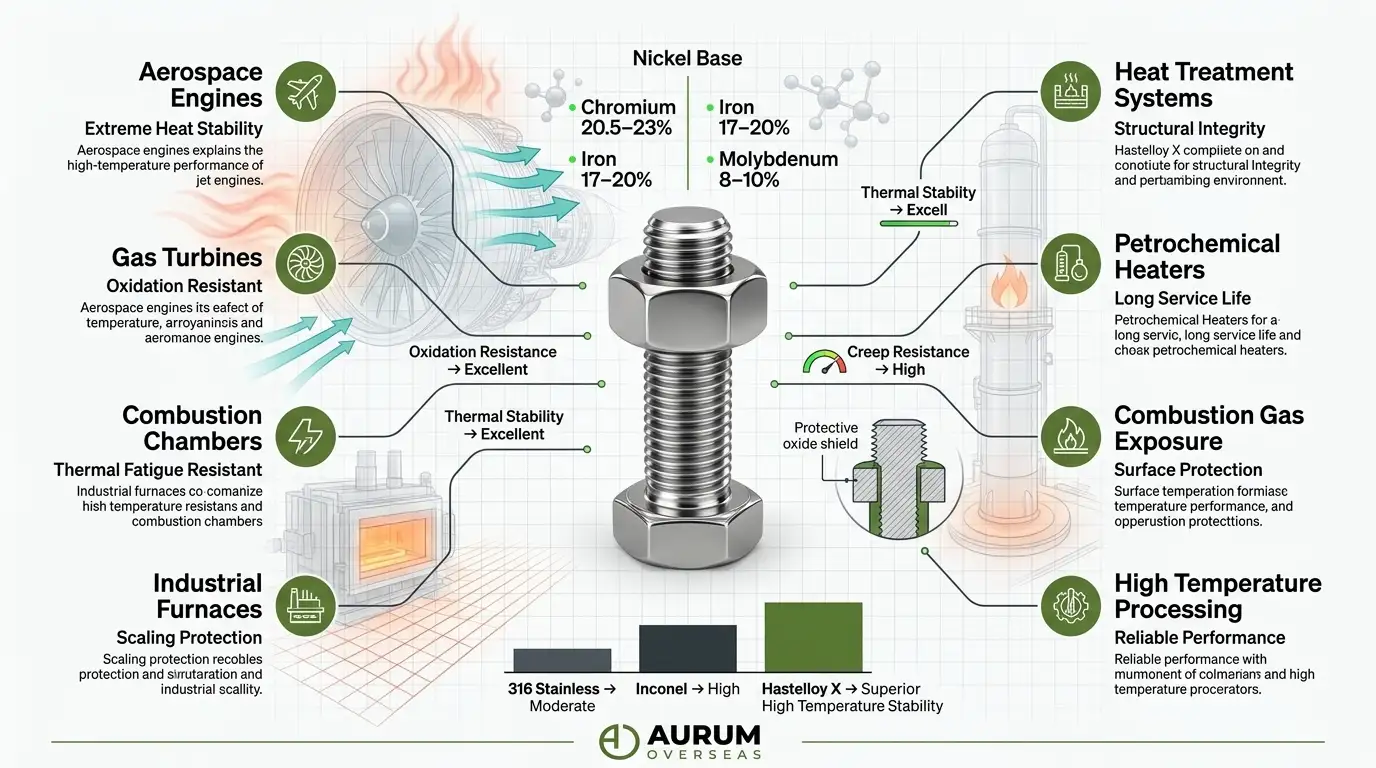 Engineering diagram showing Hastelloy X fasteners resistance to oxidation thermal fatigue combustion gases and elevated temperature environments supplied by Aurum Overseas 