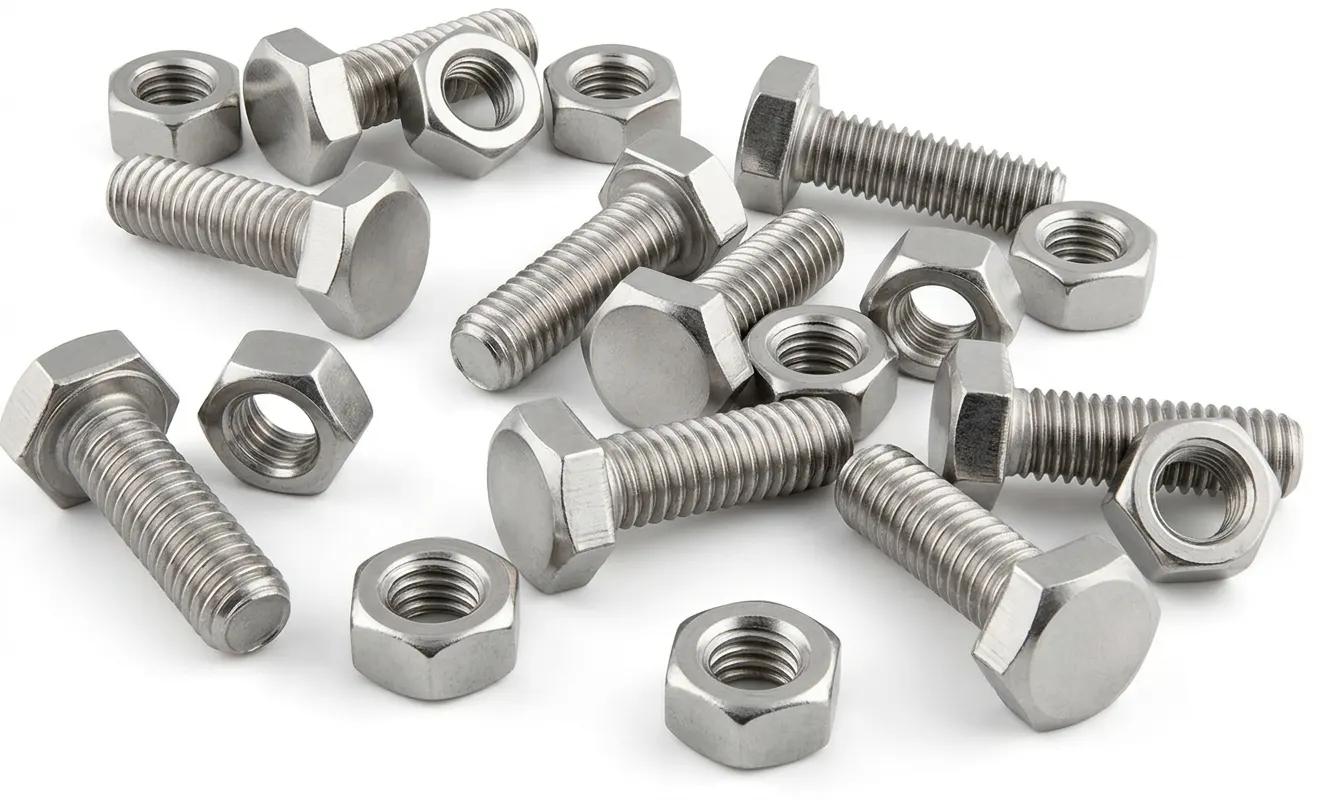 Premium Alloy 20 fasteners collection including hex bolts, nuts, and threaded rods for export by Aurum Overseas.