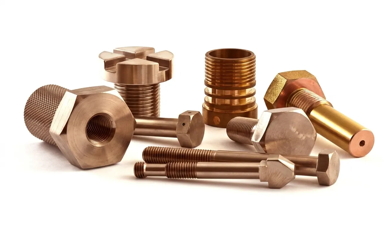 Aurum Overseas, a leading supplier of Copper Nickel (CuNi 70/30 & 90/10) fasteners, showcasing a variety of high-strength bolts, nuts, studs, and custom machined components on a pure white background.
