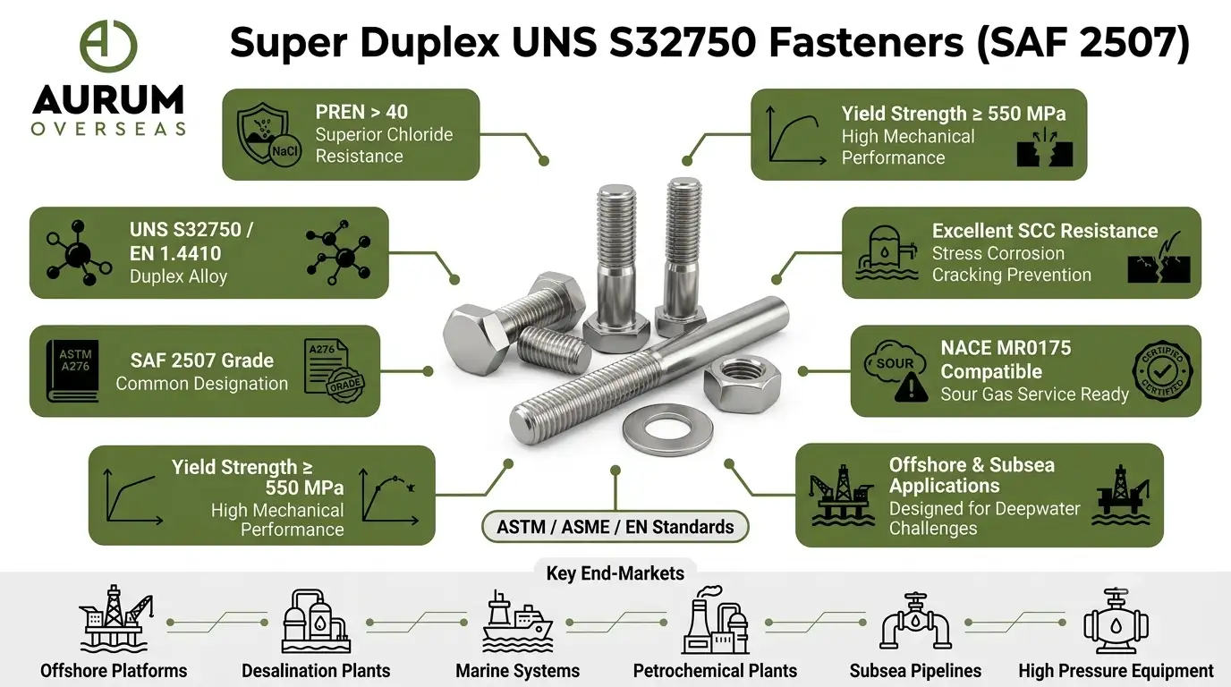 Infographic showing Super Duplex UNS S32760 fasteners with PREN above 40, NORSOK compliance, high chloride resistance, sour gas suitability, and offshore subsea performance for marine and desalination applications.