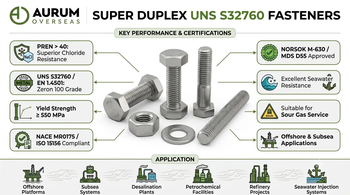Infographic showing Super Duplex UNS S32760 fasteners with PREN above 40, NORSOK compliance, high chloride resistance, sour gas suitability, and offshore subsea performance for marine and desalination applications.